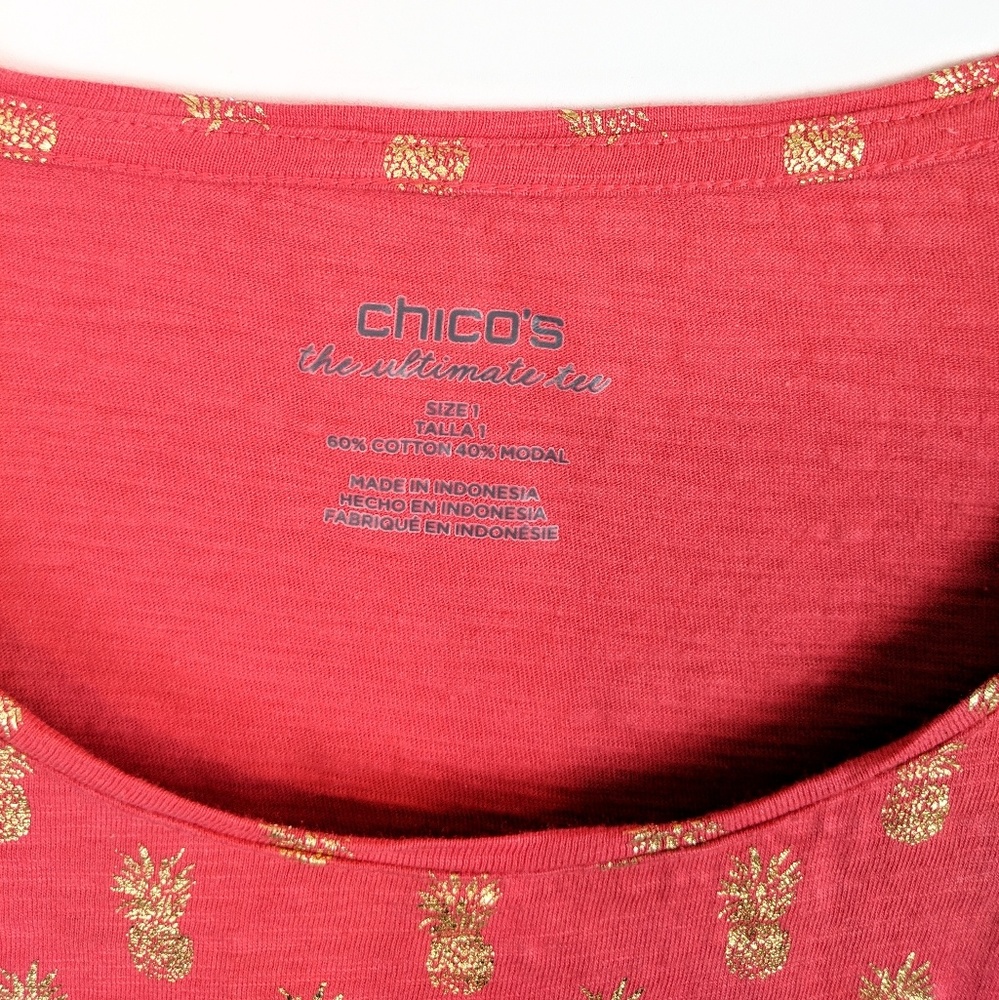 🍍CHICO’S Coral & Gold Metallic Pineapple Slub Knit Tee Chico's 1 - Picture 5 of 8
